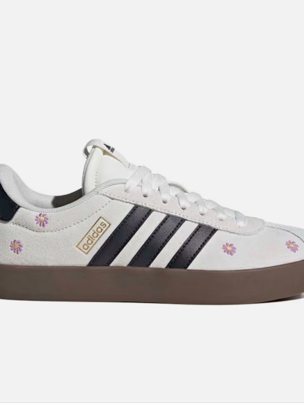 adidas White Suede Sneakers with Black Stripes and Purple Floral Details